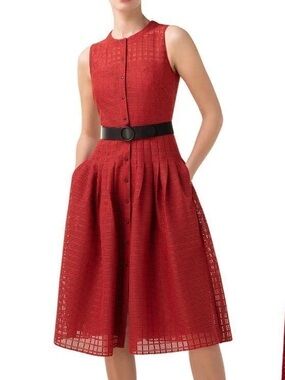 Akris Punto Red Silk Eyelet Grid Fit Flare Button Front Midi Dress Size US 12